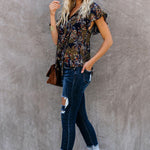 Khaki V-neck Short Sleeve Fashion Print Fantasy Fluttering Blouse