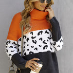 Orange Turtleneck Splicing Chunky Knit Pullover Sweater