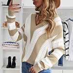 Khaki Striped Colorblock V Neck Knitted Sweater