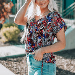 Khaki V-neck Short Sleeve Fashion Print Fantasy Fluttering Blouse