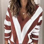 Khaki Striped Colorblock V Neck Knitted Sweater