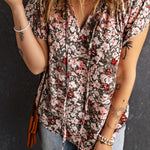 Khaki V-neck Short Sleeve Fashion Print Fantasy Fluttering Blouse