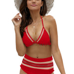 Red Pom Pom Mesh Insert High Waist Bikini
