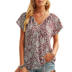 Khaki V-neck Short Sleeve Fashion Print Fantasy Fluttering Blouse