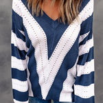 Khaki Striped Colorblock V Neck Knitted Sweater