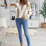 Khaki Striped Colorblock V Neck Knitted Sweater