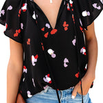 Khaki V-neck Short Sleeve Fashion Print Fantasy Fluttering Blouse
