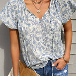 Khaki V-neck Short Sleeve Fashion Print Fantasy Fluttering Blouse