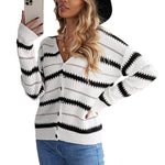 Apricot V Neck Stripes Colorblock Button Cardigan