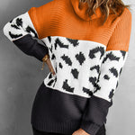 Orange Turtleneck Splicing Chunky Knit Pullover Sweater