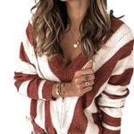 Khaki Striped Colorblock V Neck Knitted Sweater