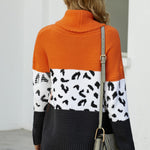 Orange Turtleneck Splicing Chunky Knit Pullover Sweater