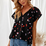 Khaki V-neck Short Sleeve Fashion Print Fantasy Fluttering Blouse