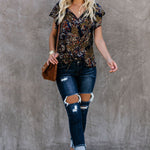 Khaki V-neck Short Sleeve Fashion Print Fantasy Fluttering Blouse