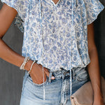 Khaki V-neck Short Sleeve Fashion Print Fantasy Fluttering Blouse