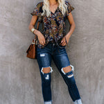 Khaki V-neck Short Sleeve Fashion Print Fantasy Fluttering Blouse