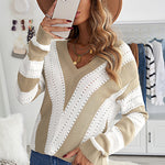 Khaki Striped Colorblock V Neck Knitted Sweater