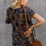 Khaki V-neck Short Sleeve Fashion Print Fantasy Fluttering Blouse
