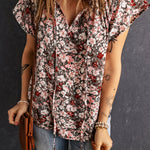 Khaki V-neck Short Sleeve Fashion Print Fantasy Fluttering Blouse