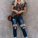 Khaki V-neck Short Sleeve Fashion Print Fantasy Fluttering Blouse