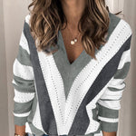 Khaki Striped Colorblock V Neck Knitted Sweater