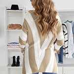 Khaki Striped Colorblock V Neck Knitted Sweater
