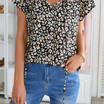 Khaki V-neck Short Sleeve Fashion Print Fantasy Fluttering Blouse