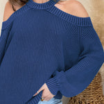 Blue Cool Breeze Cotton Cold Shoulder Sweater