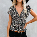 Khaki V-neck Short Sleeve Fashion Print Fantasy Fluttering Blouse