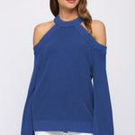 Blue Cool Breeze Cotton Cold Shoulder Sweater