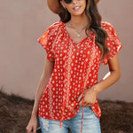Khaki V-neck Short Sleeve Fashion Print Fantasy Fluttering Blouse