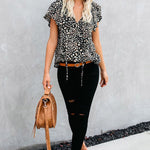 Khaki V-neck Short Sleeve Fashion Print Fantasy Fluttering Blouse