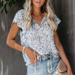 Khaki V-neck Short Sleeve Fashion Print Fantasy Fluttering Blouse