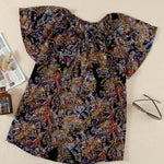 Khaki V-neck Short Sleeve Fashion Print Fantasy Fluttering Blouse