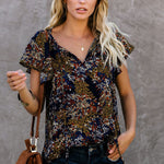 Khaki V-neck Short Sleeve Fashion Print Fantasy Fluttering Blouse