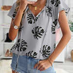 Khaki V-neck Short Sleeve Fashion Print Fantasy Fluttering Blouse
