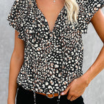 Khaki V-neck Short Sleeve Fashion Print Fantasy Fluttering Blouse