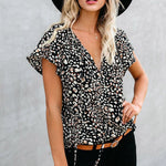 Khaki V-neck Short Sleeve Fashion Print Fantasy Fluttering Blouse