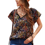 Khaki V-neck Short Sleeve Fashion Print Fantasy Fluttering Blouse