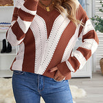 Khaki Striped Colorblock V Neck Knitted Sweater