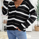 Apricot V Neck Stripes Colorblock Button Cardigan