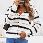 Apricot V Neck Stripes Colorblock Button Cardigan