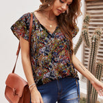 Khaki V-neck Short Sleeve Fashion Print Fantasy Fluttering Blouse