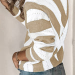 Khaki Striped Colorblock V Neck Knitted Sweater