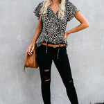 Khaki V-neck Short Sleeve Fashion Print Fantasy Fluttering Blouse