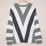 Khaki Striped Colorblock V Neck Knitted Sweater