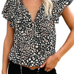 Khaki V-neck Short Sleeve Fashion Print Fantasy Fluttering Blouse