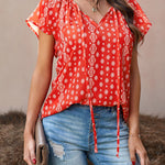 Khaki V-neck Short Sleeve Fashion Print Fantasy Fluttering Blouse
