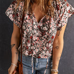 Khaki V-neck Short Sleeve Fashion Print Fantasy Fluttering Blouse