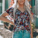 Khaki V-neck Short Sleeve Fashion Print Fantasy Fluttering Blouse